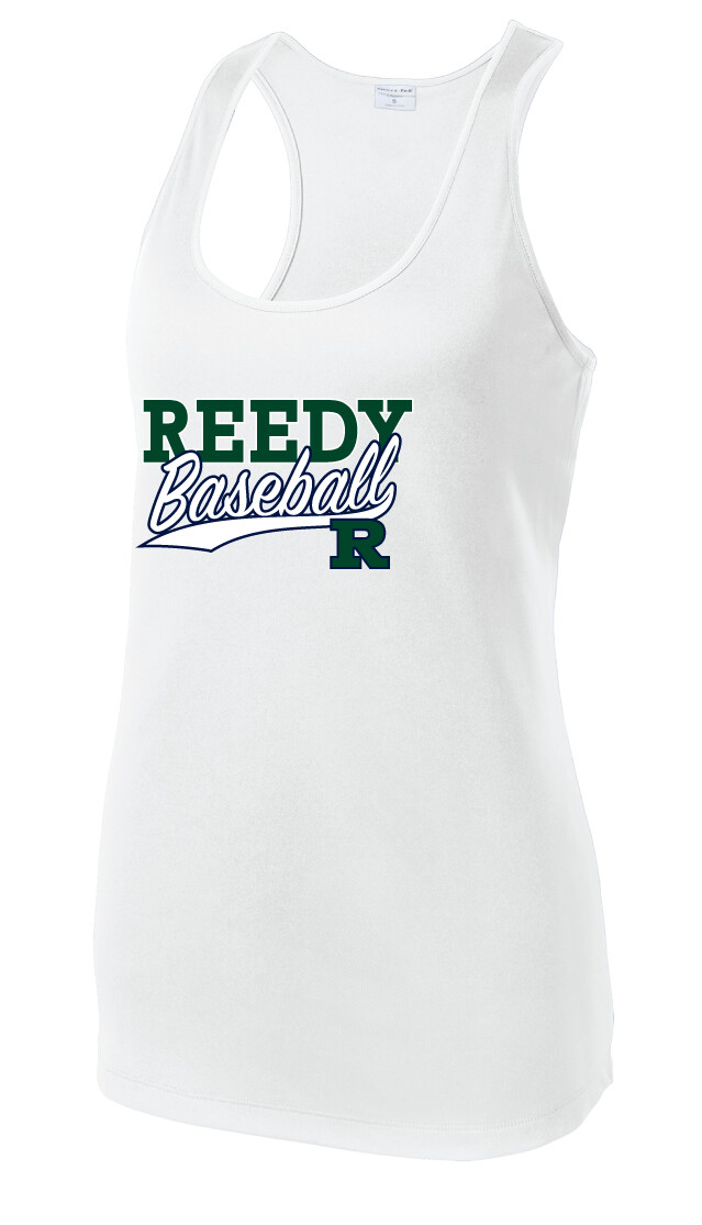 Reedy Baseball - Block Script - Dri-Fit Racerback Tank, Garment Color: White
