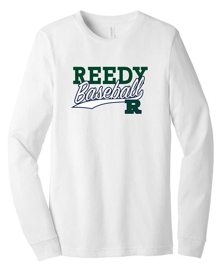 Reedy Baseball - Block Script - Bella+Canvas Long Sleeve, Garment Color: White