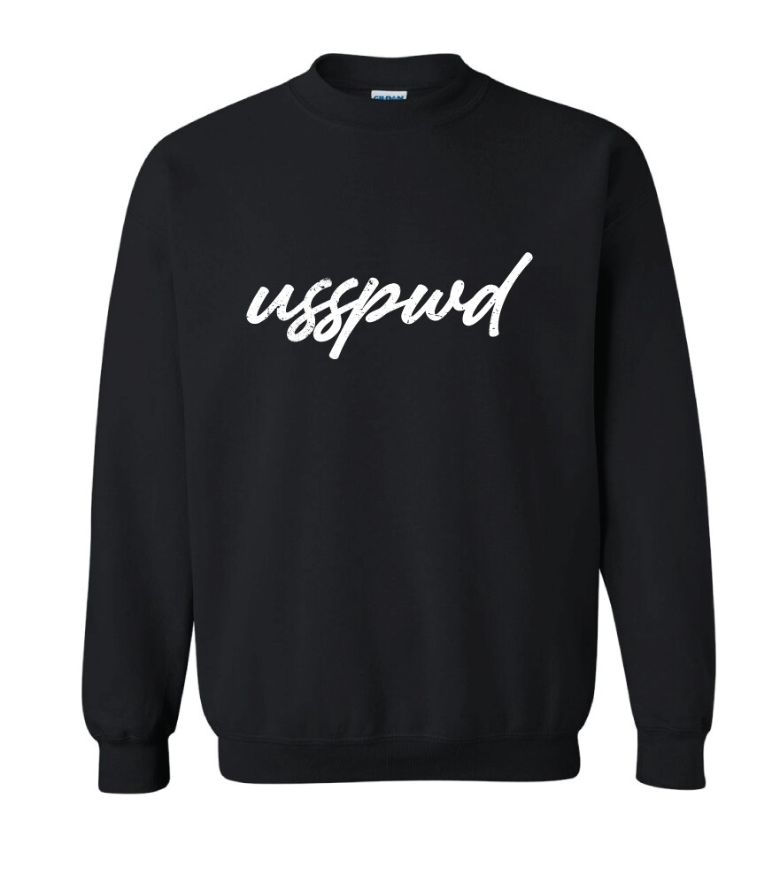 USSPWDC - Distressed Script - Unisex Crew Sweatshirt, Garment Color: Black