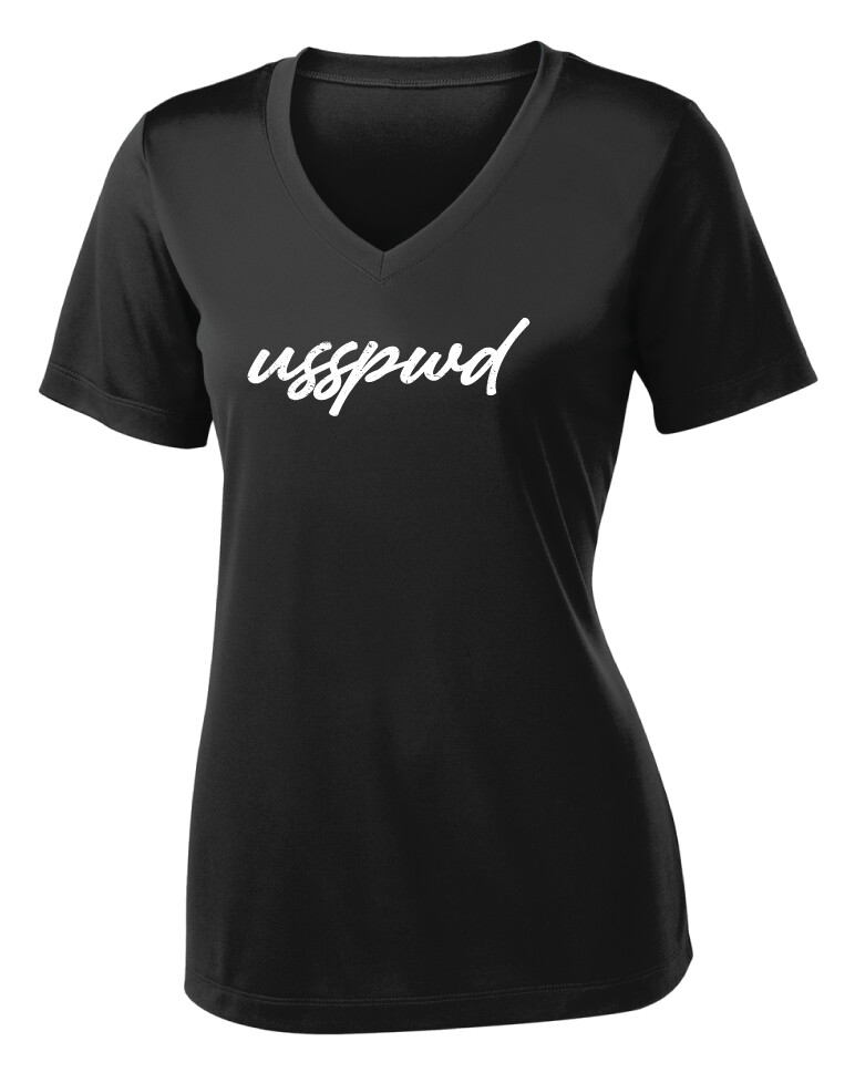 USSPWDC - Distressed Script - Ladies Dri-Fit V-Neck, Garment Color: Black
