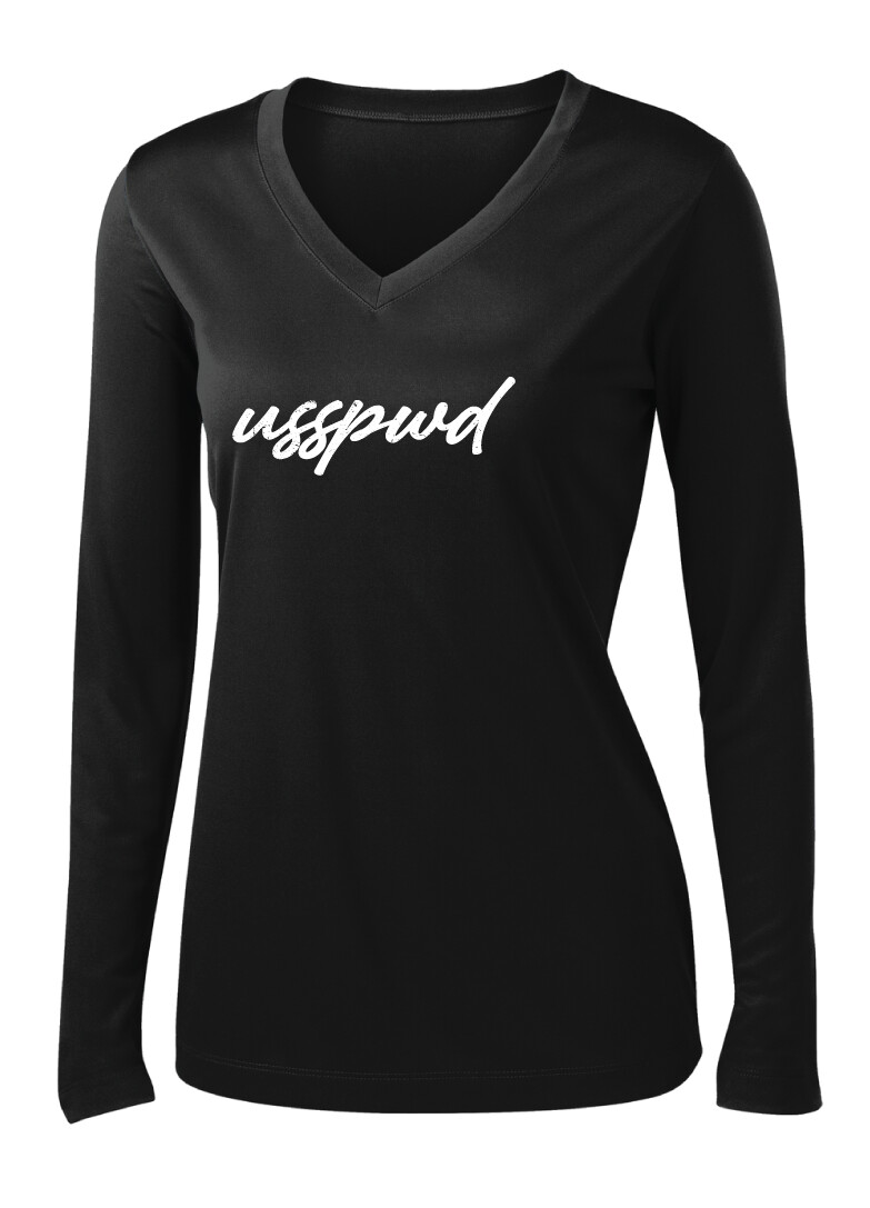 USSPWDC - Distressed Script - Ladies Dri-Fit Long Sleeve V-Neck, Garment Color: Black