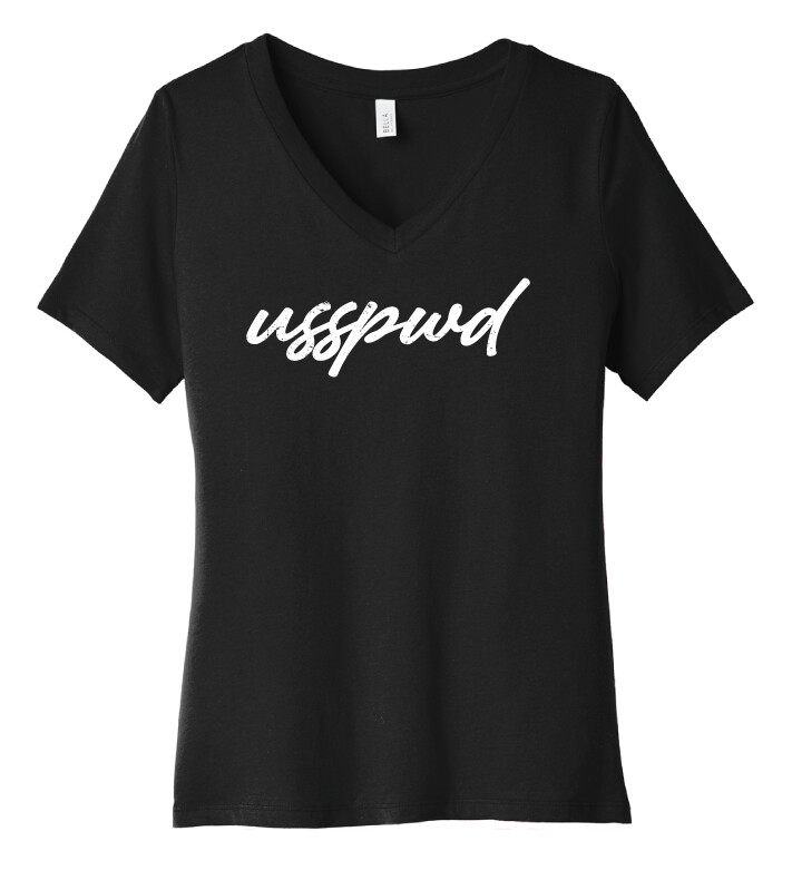 USSPWDC - Distressed Script - Ladies Bella+Canvas V-Neck, Garment Color: Black