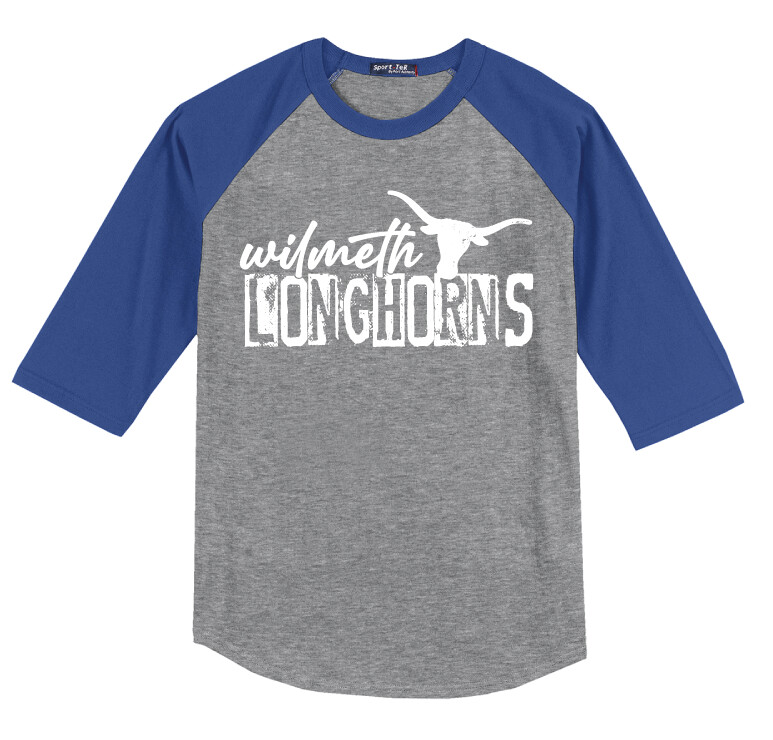 Wilmeth - Distressed Block - Raglan Baseball, Garment Color: Grey / Royal