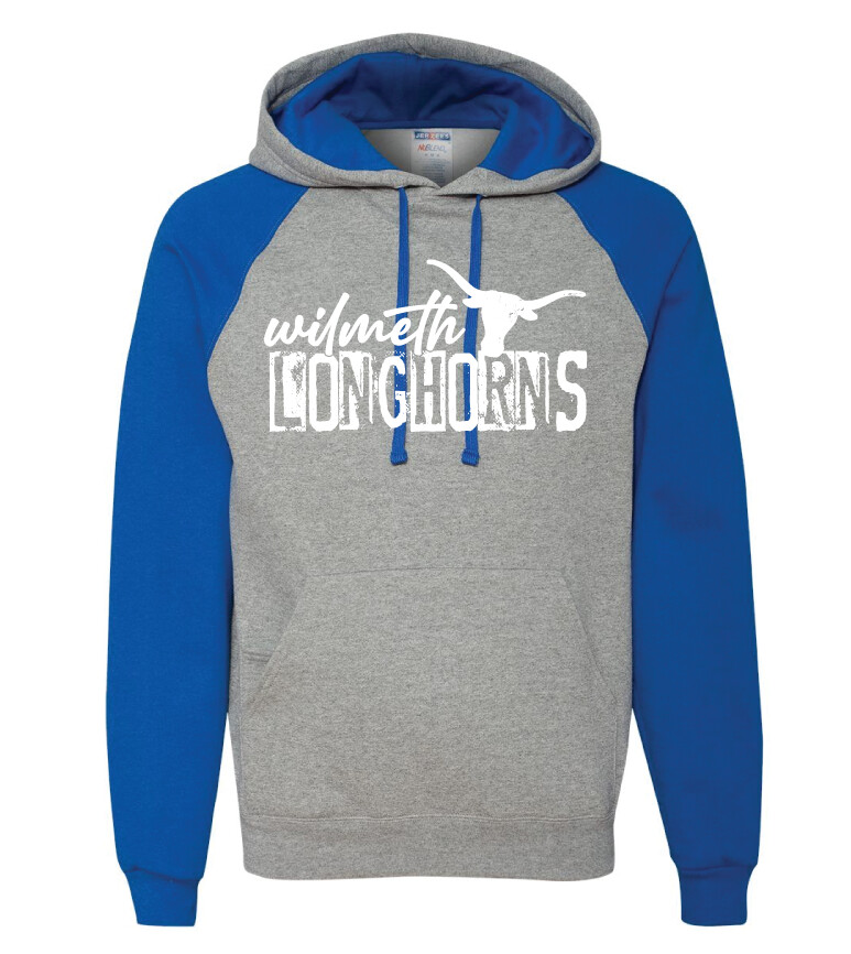 Wilmeth - Distressed Block - Raglan Hoodie, Garment Color: Grey / Royal