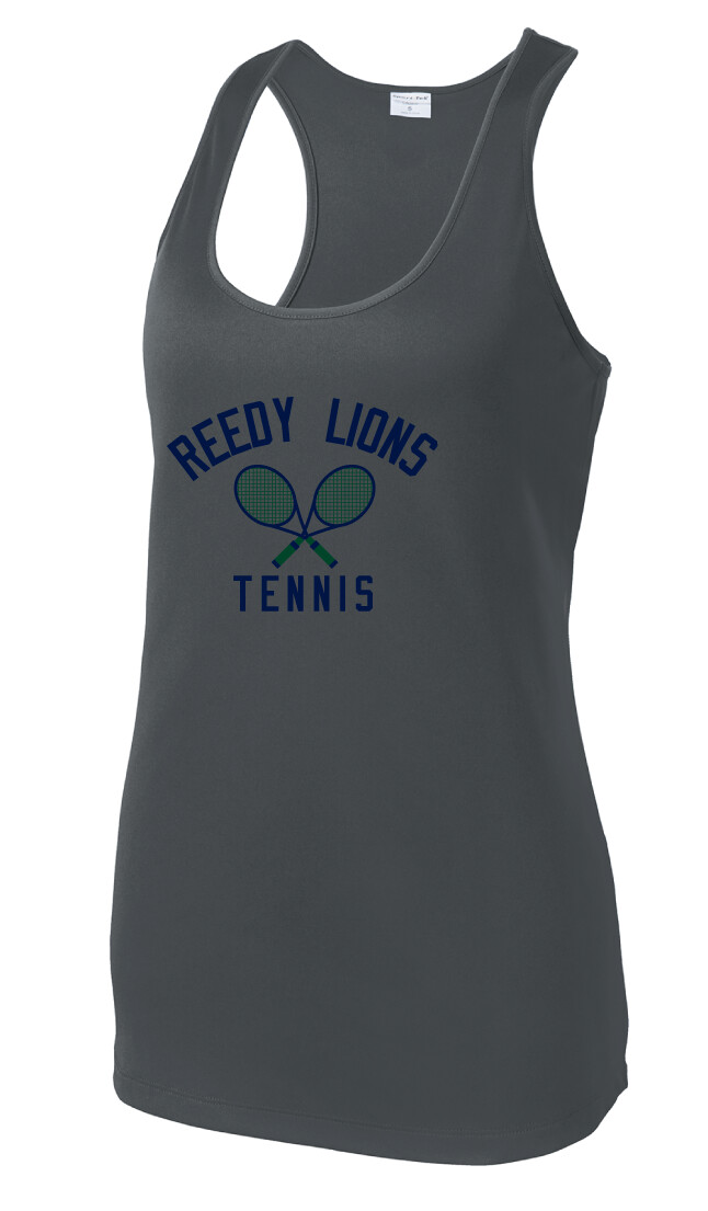 Reedy Tennis - Crossed Rackets - Dri-Fit Racerback Tank, Color: Iron Grey