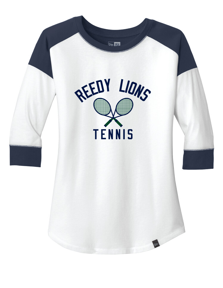 Reedy Tennis - Crossed Rackets - 3/4 Sleeve Baseball Raglan Tee, Color: True Navy / White