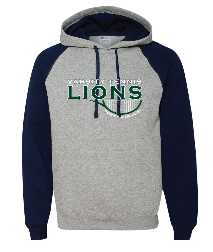 Reedy Tennis - Varsity Half Racket - Raglan Hoodie, Color: Grey / Navy