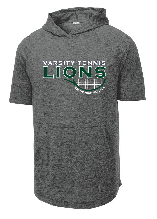 Reedy Tennis - Varsity Half Racket - Short Sleeve Hoodie, Color: Dark Grey Heather