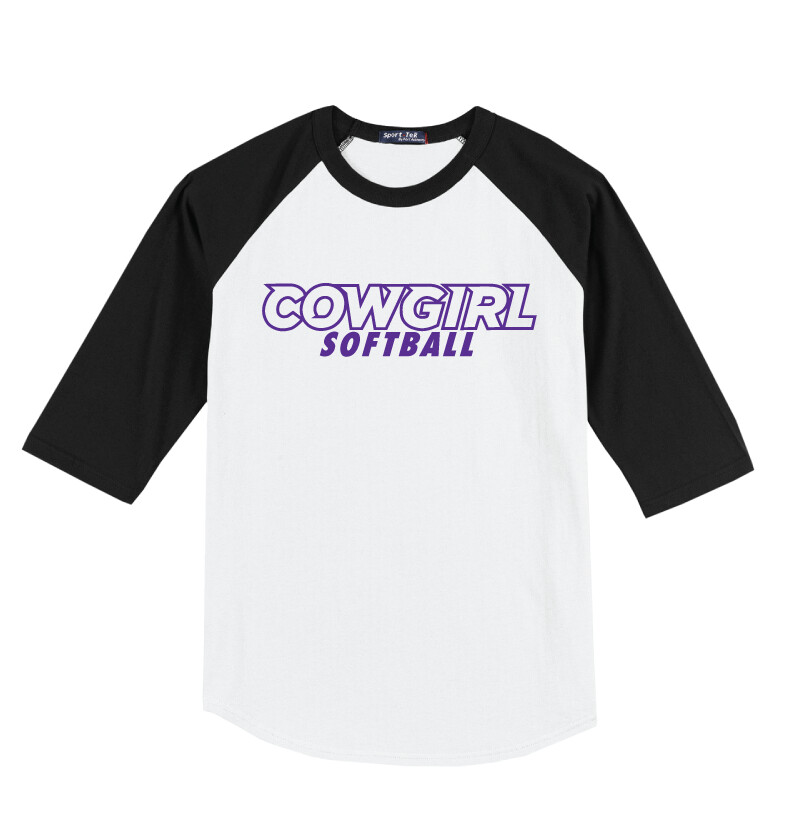 HSU Softball - Cowgirl Outline - Raglan Baseball, Color: White / Black