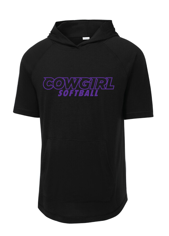 HSU Softball - Cowgirl Outline - TriBlend Short Sleeve Hoodie, Color: Black Solid