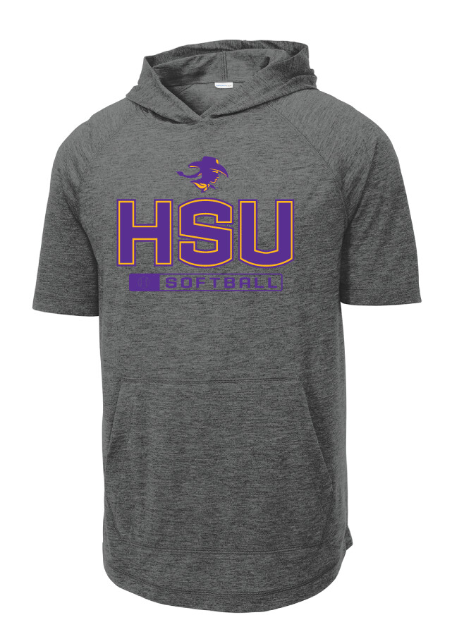 HSU Softball - Big HSU - TriBlend Short Sleeve Hoodie, Color: Dark Grey Heather
