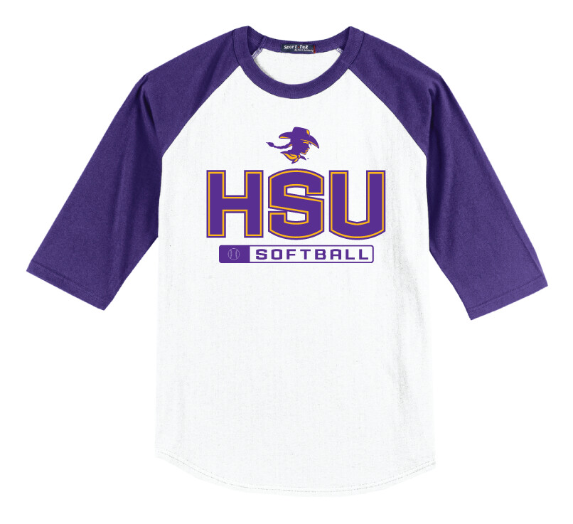 HSU Softball - Big HSU - Raglan Baseball, Color: White / Purple