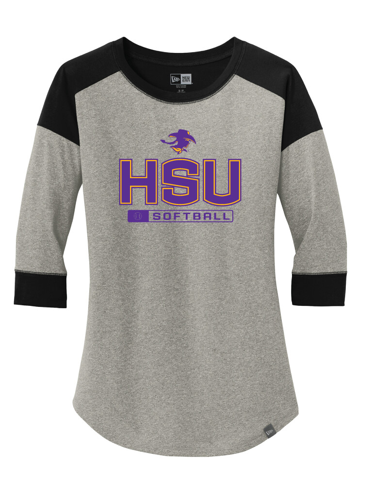 HSU Softball - Big HSU - 3/4 Sleeve Raglan Tee, Color: Black / Rainstorm Grey