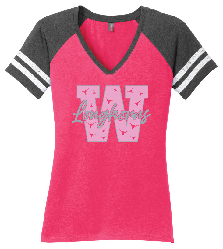 Wilmeth - Block W - Game V-Neck, Garment Color: Hot Pink / Heather Charcoal