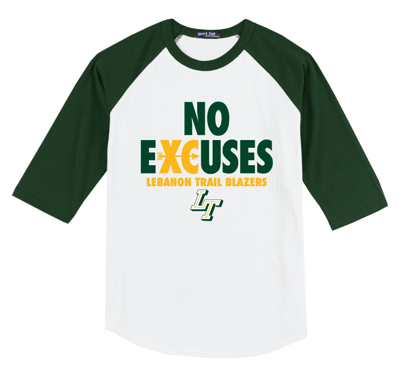 Lebanon Trail XC - No Excuses - Raglan Baseball, Color: White / Forest Green