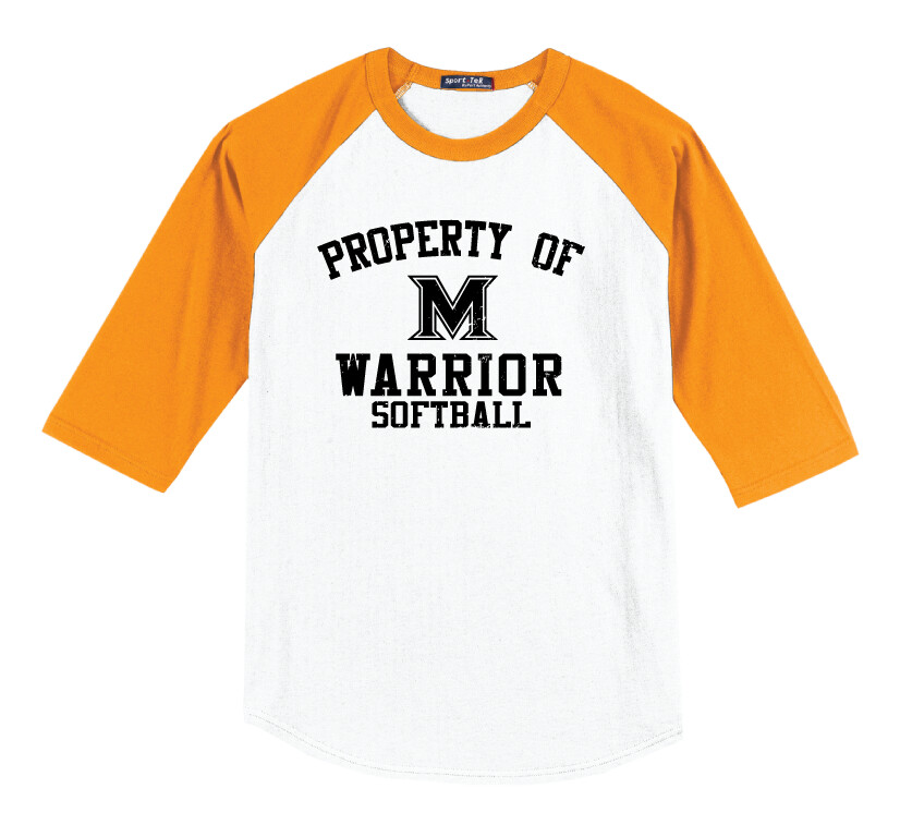 Memorial Softball - Property of (Black) - Raglan Baseball, Color: White / Gold