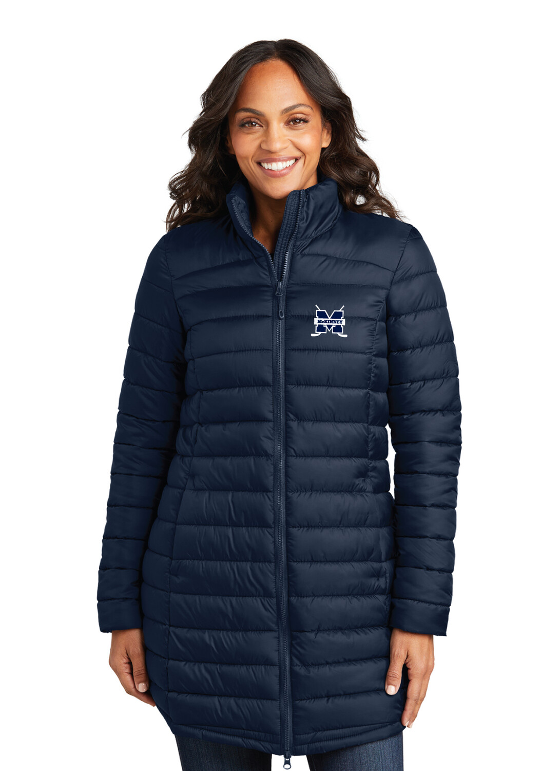 McKinney Hockey Club - Embroidered Ladies Horizon Puffy Long Jacket, Color: Dress Blue Navy