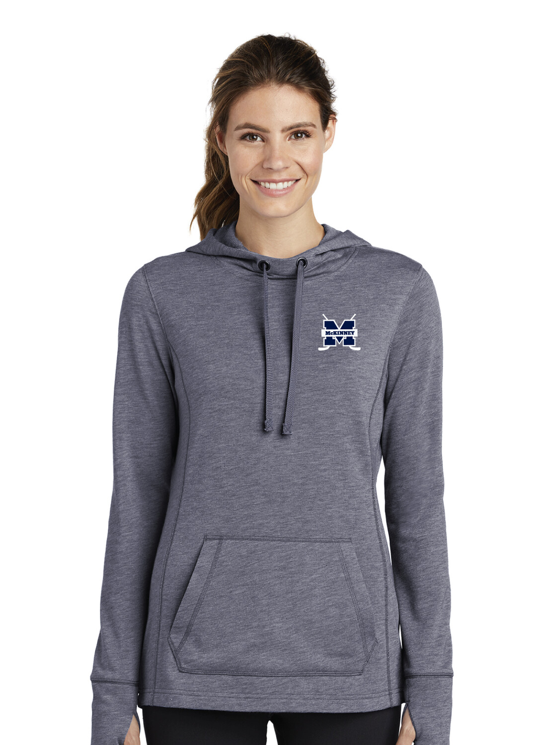 McKinney Hockey Club - Embroidered Ladies Tri-Blend Wicking Fleece Hooded Pullover, Color: True Heather Navy