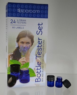24 ct. Bottle Tester Set - Cobalt blue 1/4 dram glass vials + Free 60 blank white cap labels
