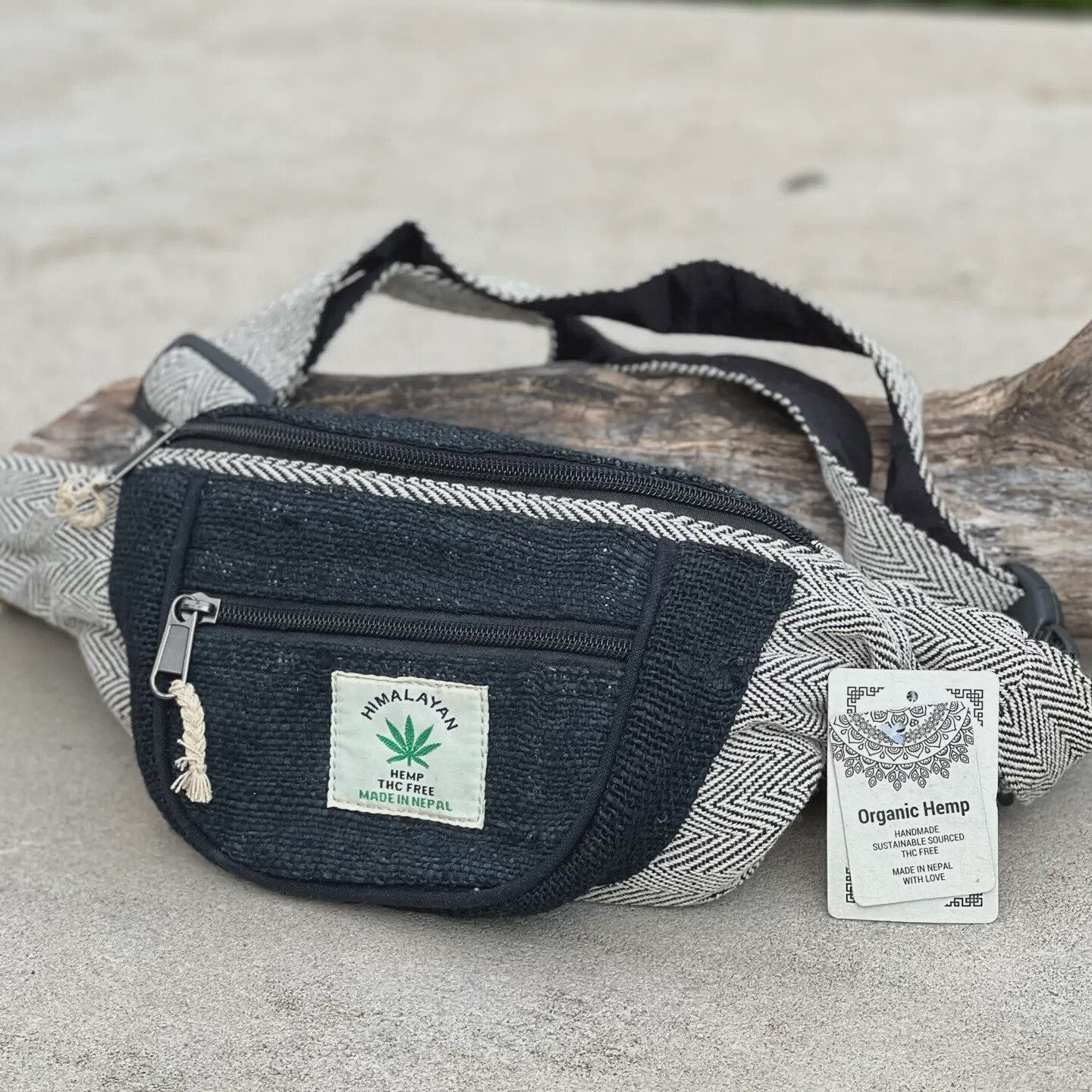 Boho Hippie Style Hemp Fanny Pack Hip Waist Bag-Black and White