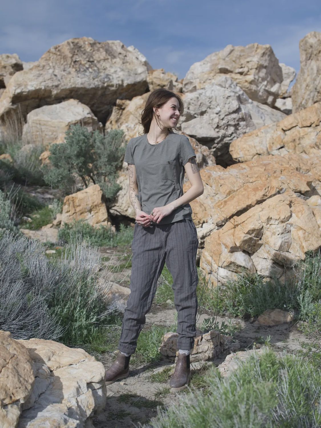 Women&#39;s Lake Shore Striped Hemp &amp; Organic Cotton Pants-Grafite