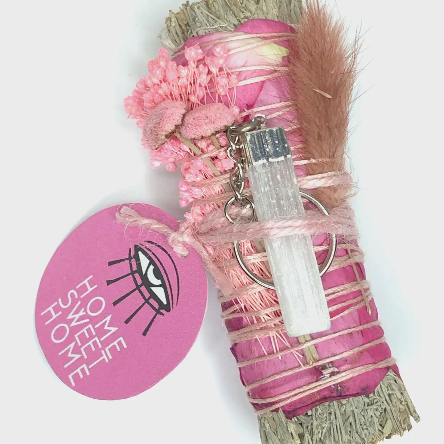 home Sweet Home’ Blue Sage Smudge + Selenite Keychain (4&quot;)