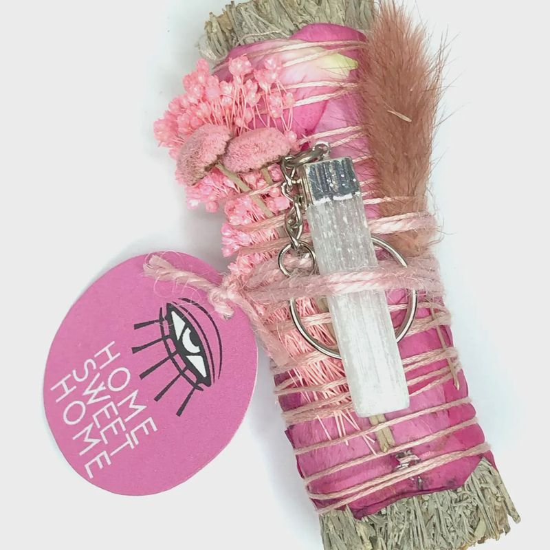 home Sweet Home’ Blue Sage Smudge + Selenite Keychain (4&quot;)