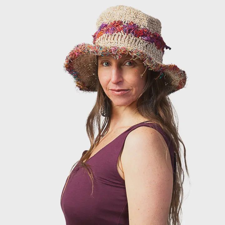Hemp Wire Rim Sun Hat with Silk Flower Stripe