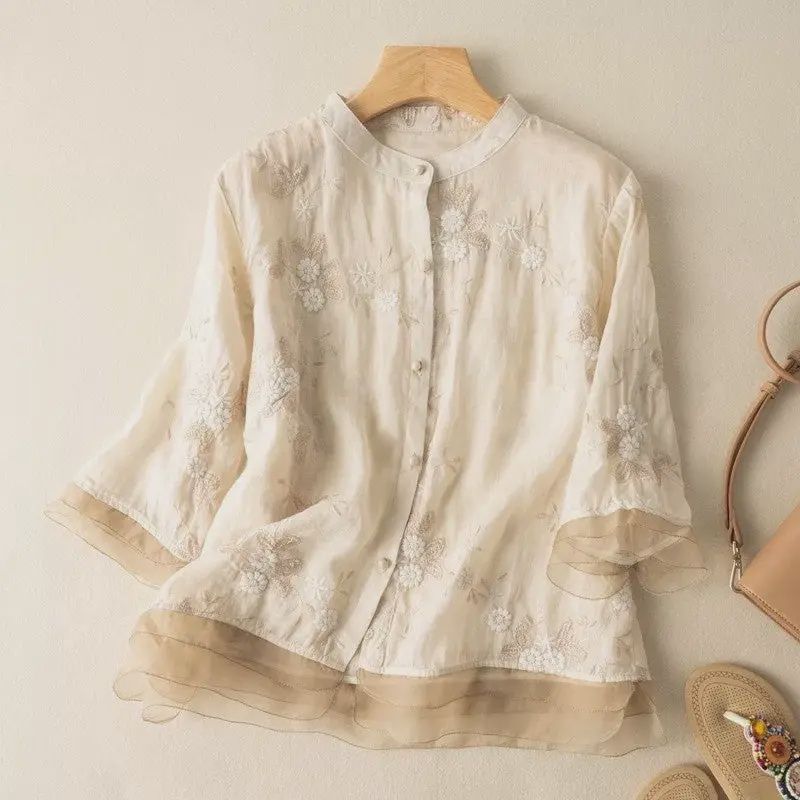 Embroidered Short Sleeve Patchwork Blouse-Beige