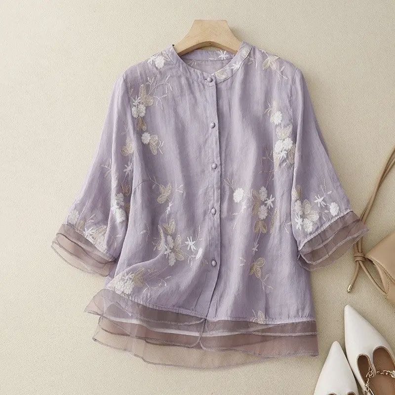 Embroidered Short Sleeve Patchwork Blouse-Lilac