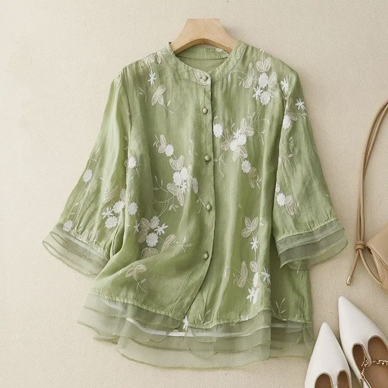 Embroidered Short Sleeve Blouse-Green