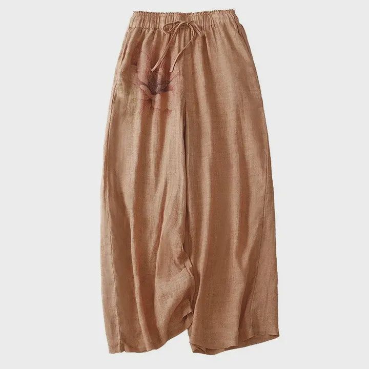 Vintage Women&#39;s Cotton Hemp Elastic Waist Lace-Up Wide Leg Trousers