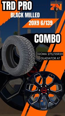 Combo 4 Aros TRD Pro 2024 20x9 6/139 Black Milled Y 4 Gomas 275/55R20 Gladiator At
