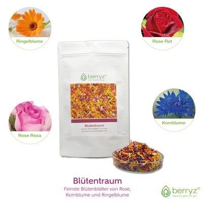 Essbare Blüten Mischung Duftend Farbenfroher Blüten-Mix 25g Rosenblüten Ringelblumenblüten Kornblumenblüten