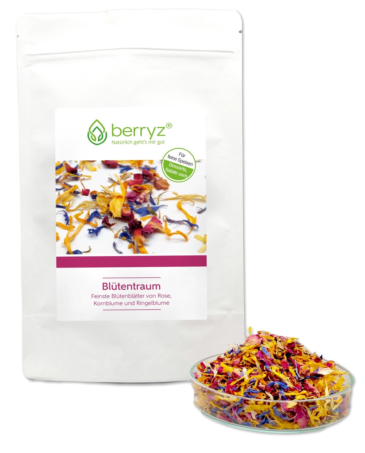 Essbare Blüten Mischung Duftend Farbenfroher Blüten-Mix 25g Rosenblüten Ringelblumenblüten Kornblumenblüten
