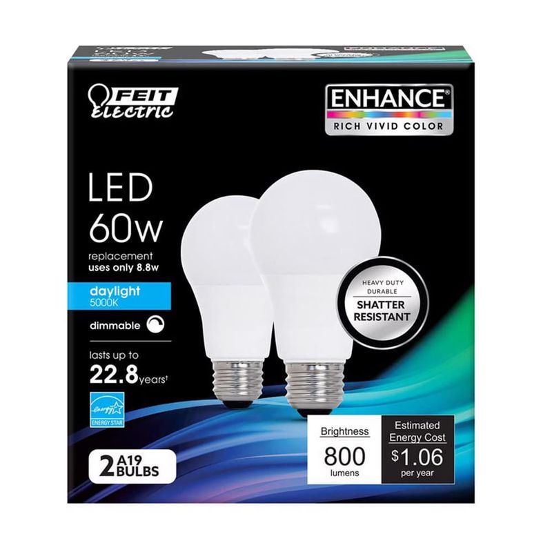 Feit Enhance A19 E26 (Medium) LED Bulb Daylight 60 Watt Equivalence 2 pk