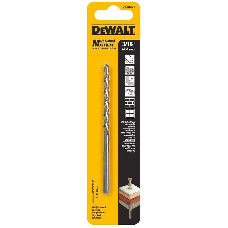 DeWalt 3/16 in. X 4-1/2 in. L Carbide Tipped Masonry Drill Bit Hex Shank 1 pc