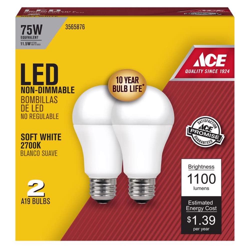 Ace A19 E26 (Medium) LED Bulb Soft White 75 Watt Equivalence 2 pk