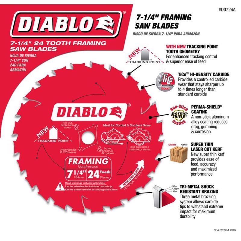 Diablo Tracking Point 7-1/4 in. D X 5/8 in. TiCo Hi-Density Carbide Framing Blade 24 teeth 1 pk