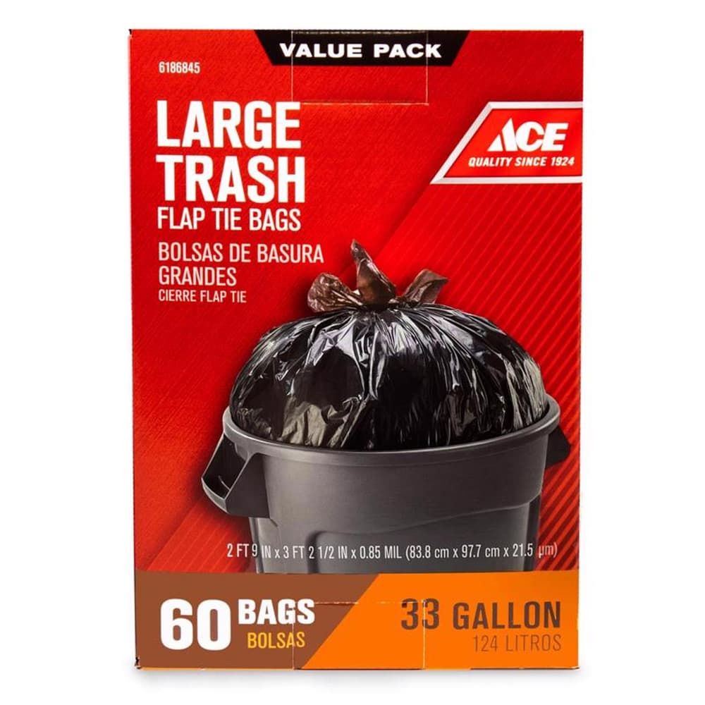 Ace 33 gal No Scent Trash Bags Flap Tie 60 pk