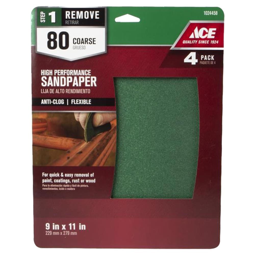 Ace High Performance 11 in. L X 9 in. W 80 Grit Aluminum Oxide All Purpose Sandpaper 4 pk
