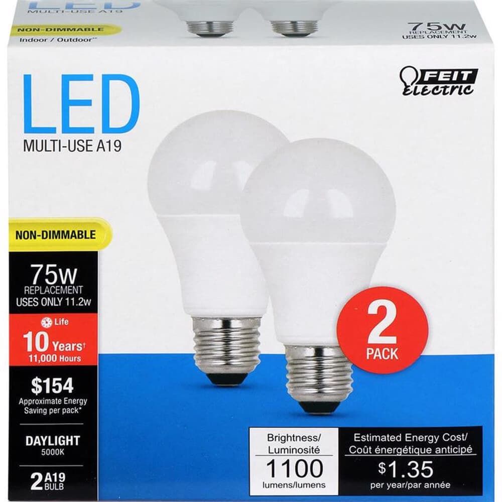 Feit A19 E26 (Medium) LED Bulb Daylight 75 Watt Equivalence 2 pk