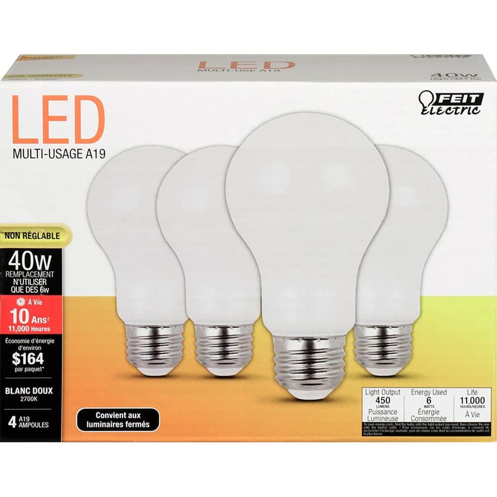 Feit A19 E26 (Medium) LED Bulb Soft White 40 Watt Equivalence 4 pk
