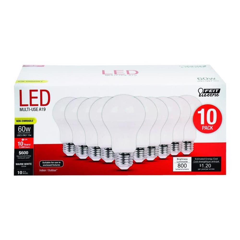 Feit A19 E26 (Medium) LED Bulb Warm White 60 Watt Equivalence 10 pk