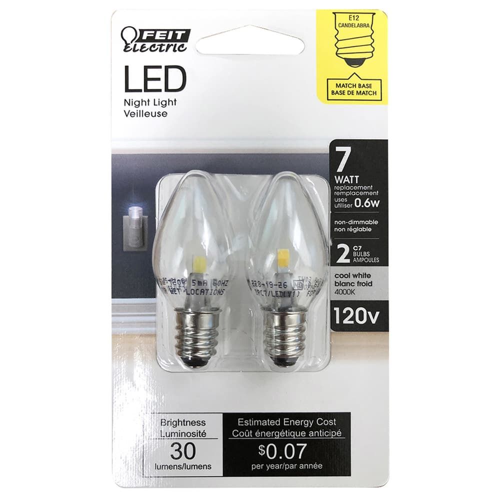 Feit C7 E12 (Candelabra) LED Bulb White 7 Watt Equivalence 2 pk