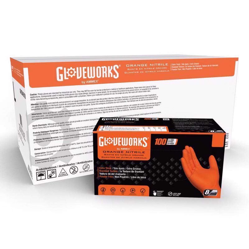 Gloveworks Nitrile Disposable Gloves Large Orange Powder Free 100 pk