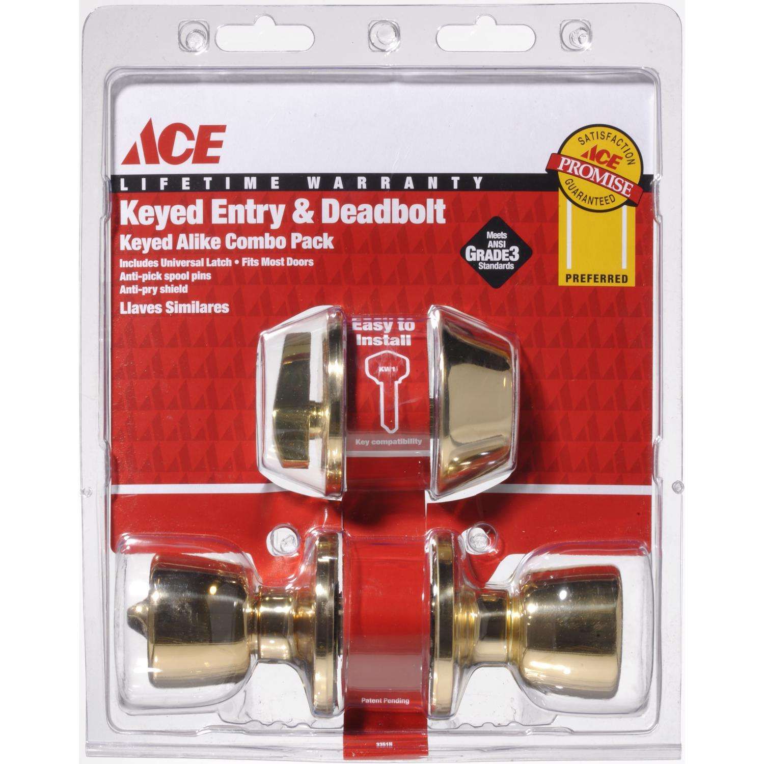 Ace Tulip Polished Brass Deadbolt and Entry Door Knob 1-3/4 in.