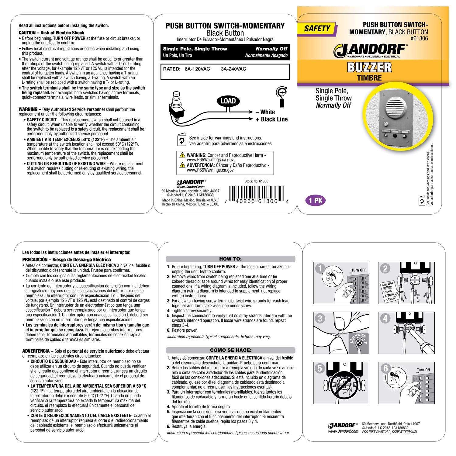 Jandorf 6 amps Single Pole Push Button Appliance Switch Black/Silver 1 pk