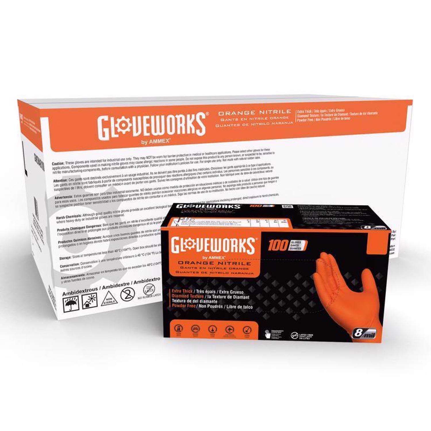 Gloveworks Nitrile Disposable Gloves X-Large Orange Powder Free 100 pk