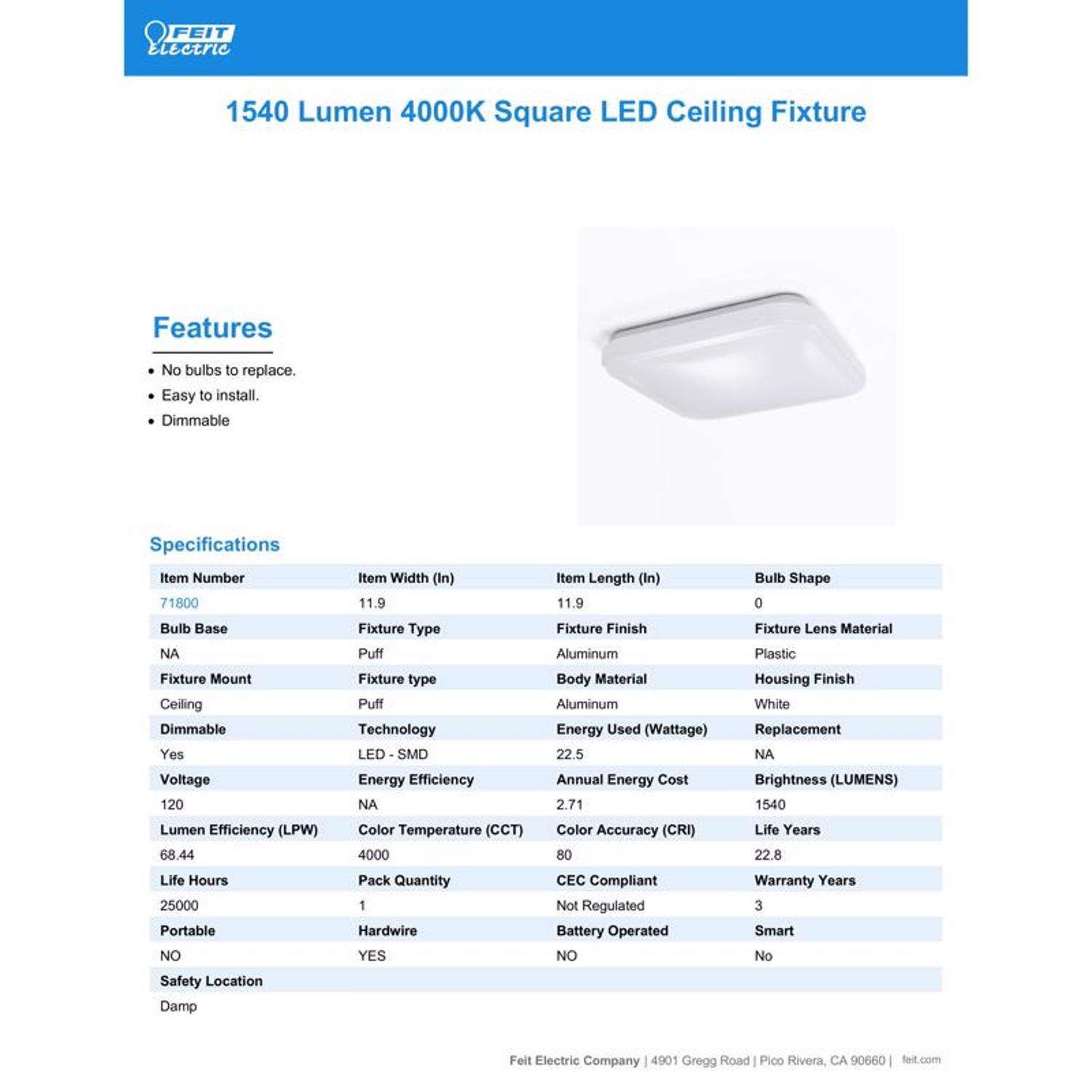 Feit LED 2.5 in. H X 12 in. W X 12 in. L Aluminum White LED Ceiling Light Fixture
